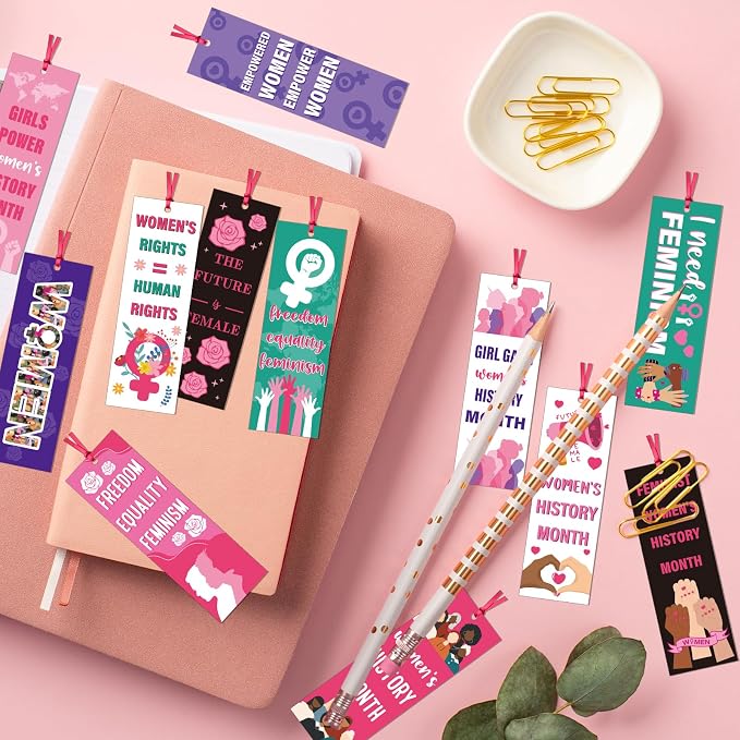 Women's History Month Bookmarks Gifts - Wxiben 120 Pcs National Women's Day Bookmark Freedom Equality Feminism Book Mark Page Clip for March 8th Teacher School Classroom Stationery Handout Supplies