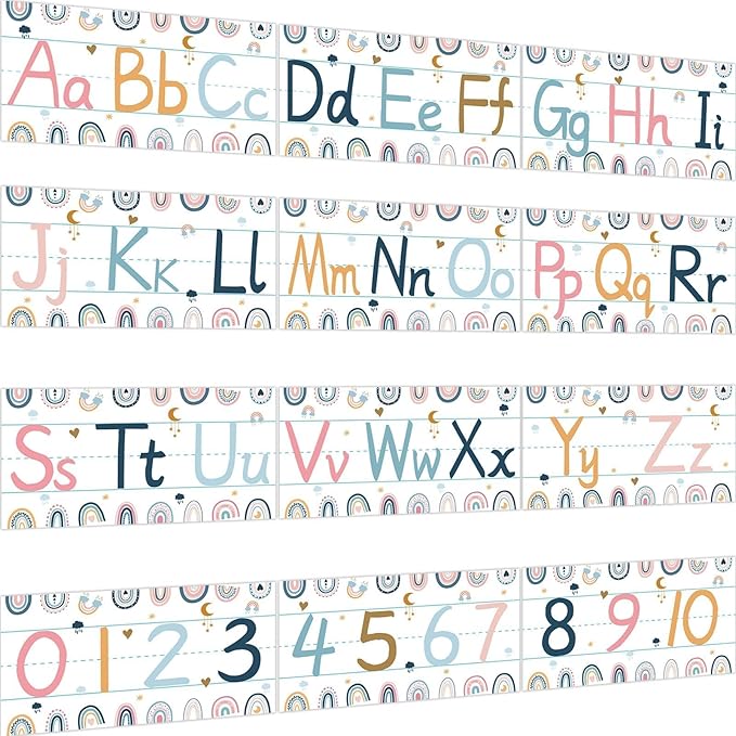 gisgfim 12 Pieces Alphabet Bulletin Board Strips Set Boho Rainbow Alphabet Line ABC Alphabet Banner & Number Border Posters for Classroom Bedroom Playroom (Boho Rainbow)