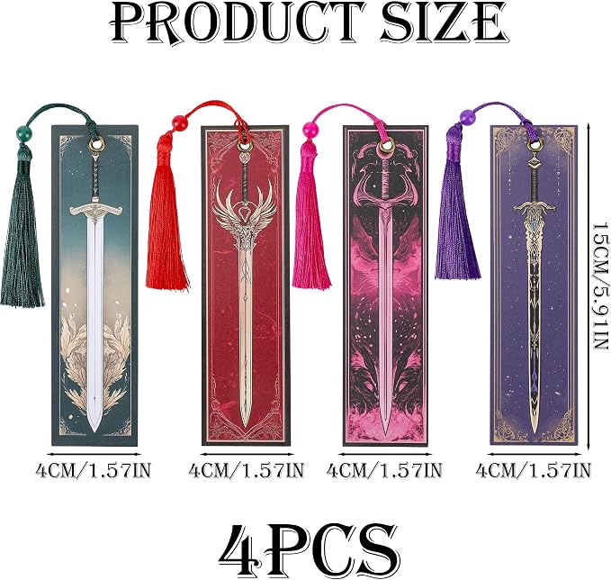Fantasy Sword Bookmark Gifts - 4 Pcs Cool Vintage Bookmarks with Tassels Paper Anime Book Marks Office Home Supplies Gift for Reading Lovers Novel Fans Writers Kids Men Teacher Students Reader