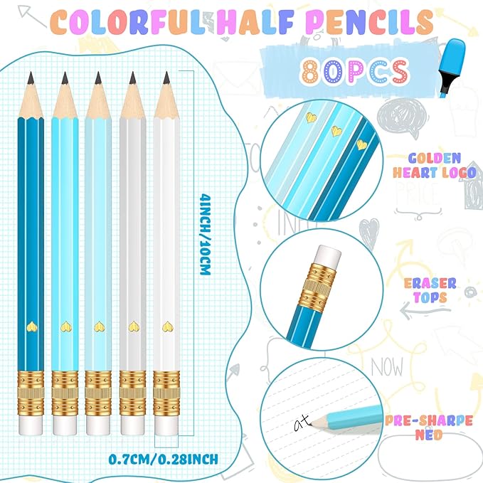 Nezyo 80 Pcs Mini Golf Pencils with Eraser 2 HB 4 Inch Half Pencils Hexagon Pre-sharpened Color Pen for Bridal Wedding Classroom School Office(Gray Teal Color,Heart Style)