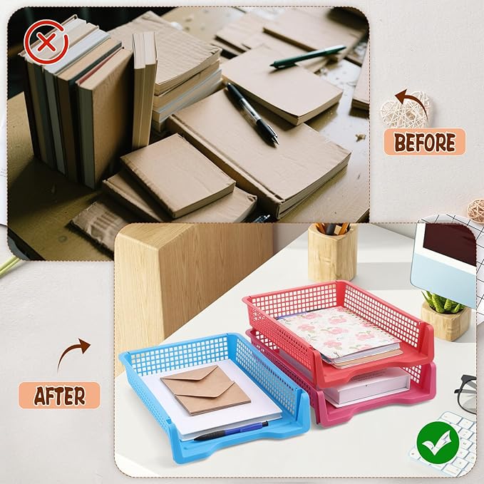 7 Pack Colorful Turn in Trays Classroom Plastic Stackable Paper Tray Teacher Office Files Document Storage Playroom Organization for Office Home Teachers Organization Storage, 9 x 13 x 3 Inches