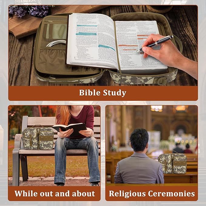 Damero Bible Cover for Men, Bible Carrying Case Church Bag with Multiple Pockets, Bible Case with Top Handle and Shoulder Strap, Camo