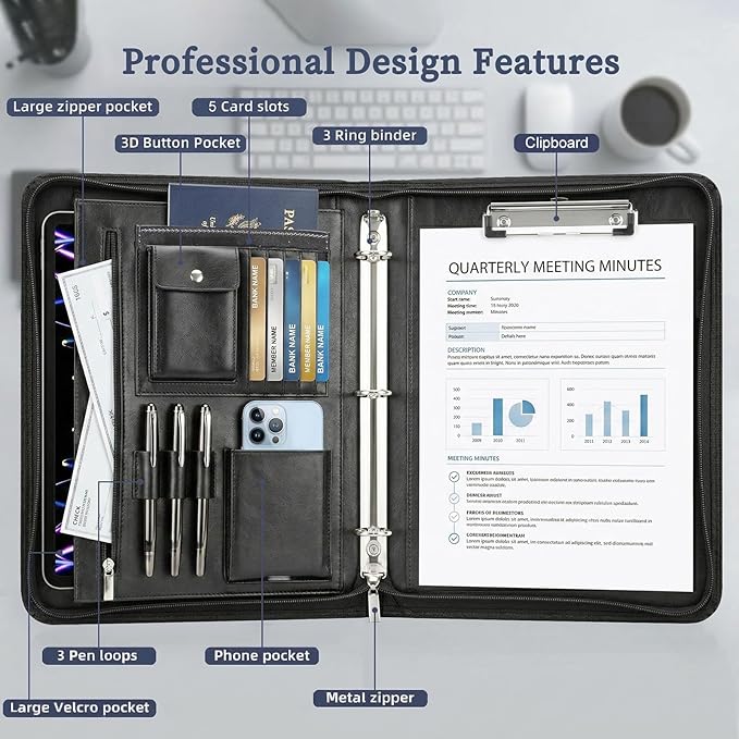 Zippered Padfolio with 3-Ring Binder & Clipboard, PU Leather Portfolio Organizer for Men Women, A4 Document Holder with Phone Pocket Pen Loops Card Slots, Professional Business Interview Folder Black