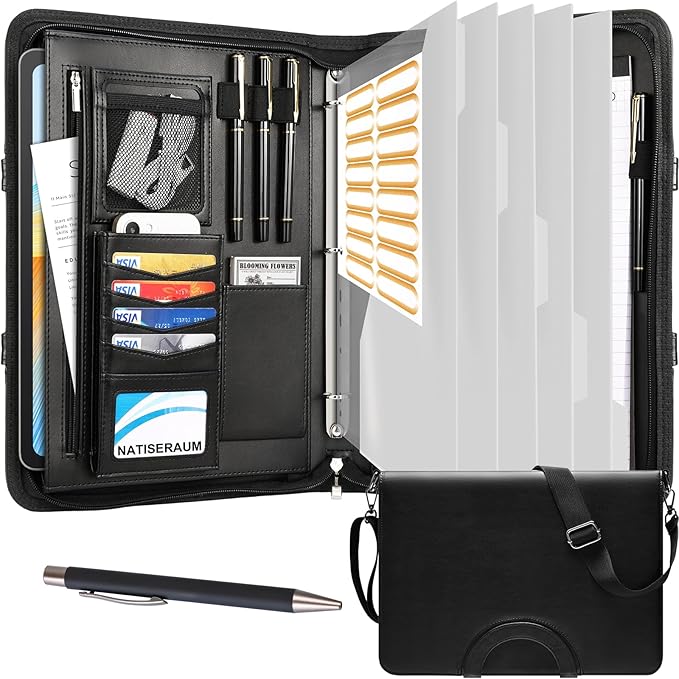 Padfolio, Portfolio Binder 3-Ring, Vegan Leather Portfolio for Students with Notepad Includes 5 Sheet Protectors for Documents Files, 1 Pen and 1 Detachable Shoulder Strap