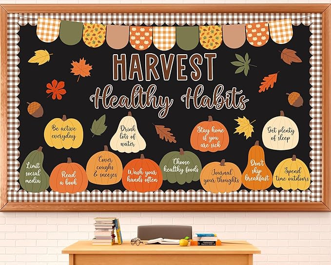 Hearvest Healthy Habits Bulletin Board Set Fall Classroom Decoration Cutouts Pumpkins Leaves Autumn Bulletin Board for School Home Office Chalkboard Whiteboard Wall Window Door Decor Supplies