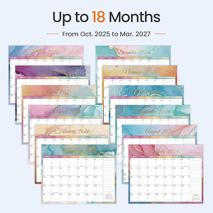 SUNEE 2026 Calendar- 18 Months Wall Calendar Oct. 2025 - Mar. 2027, 14.5"x11.5" Big Grid Hanging Calendar with Note for Organizing & Planning, Watercolor