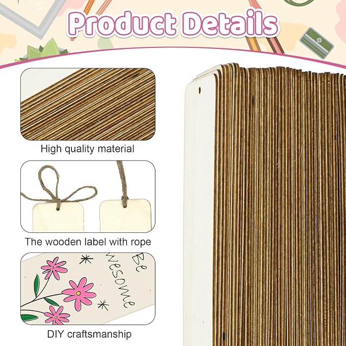 50 Sets 6 x 2 Inch Large Size Wooden Bookmarks with Hole and Ropes, Unfinished Wood Bookmark Blanks Rectangle Blank Bookmark for DIY Crafts, Painting, Wedding, Birthday Party Decors