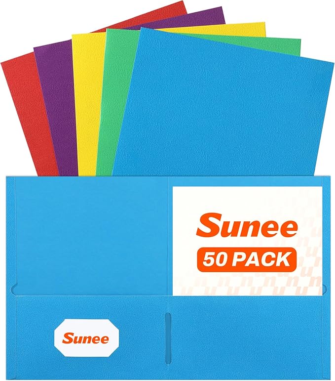 SUNEE Two Pocket Folders, 50 Pack File Folders with Business Card Slot, Assorted Colors, Textured Paper, Fit Letter Size Paper, Paper File Folder for School Office Home Business