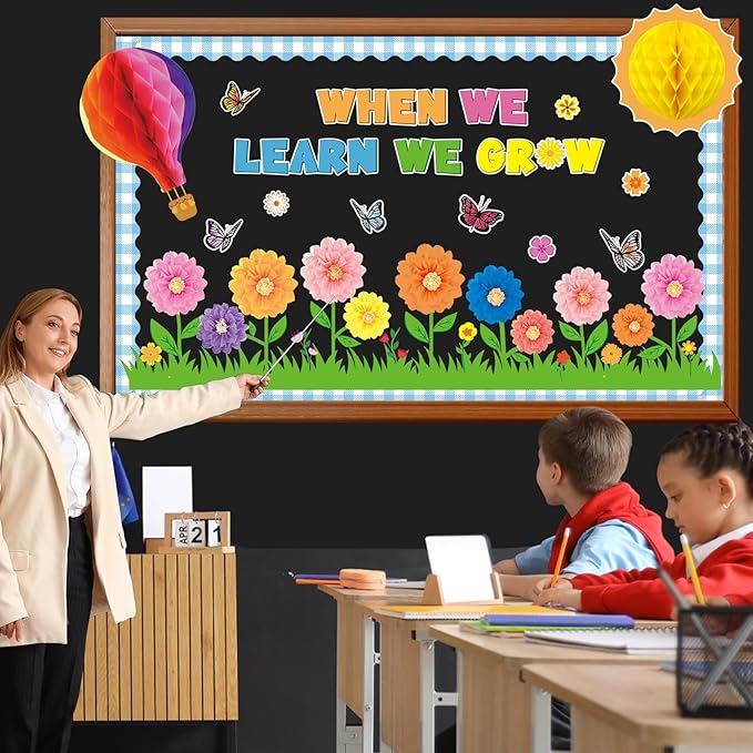 Spring Bulletin Board Decorations Flowers Themed Bulletin Board Set When We Learn We Grow Bulletin Board with 3D Paper Flower Cutouts for Back to School Classroom Wall Decor