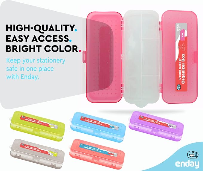 Enday Pencil Box Pink, Plastic Double Deck Pencil Case with 7 Compartments, Box Organizer with Snap Closure for Home and Office