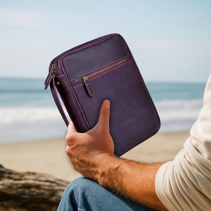 LEATHER VILLAGE Genuine Leather Bible Cover with Zipper for Men & Women - Large Bible Case Carrying Bag Book Cover & Organizer with Handle and Pockets - Leather Bible Covers for Church Study - Purple