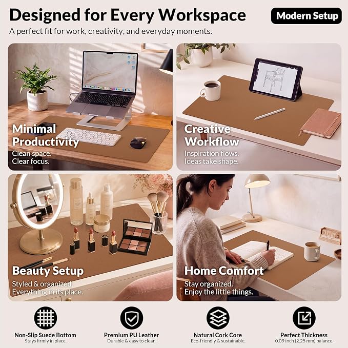 AFIING Cork Desk Mat, Brown, 23.6" x 13.8", Desk Pad Protector | Dual-Sided Cork & PU Leather, Non-Slip & Waterproof, For Office, Home & Study
