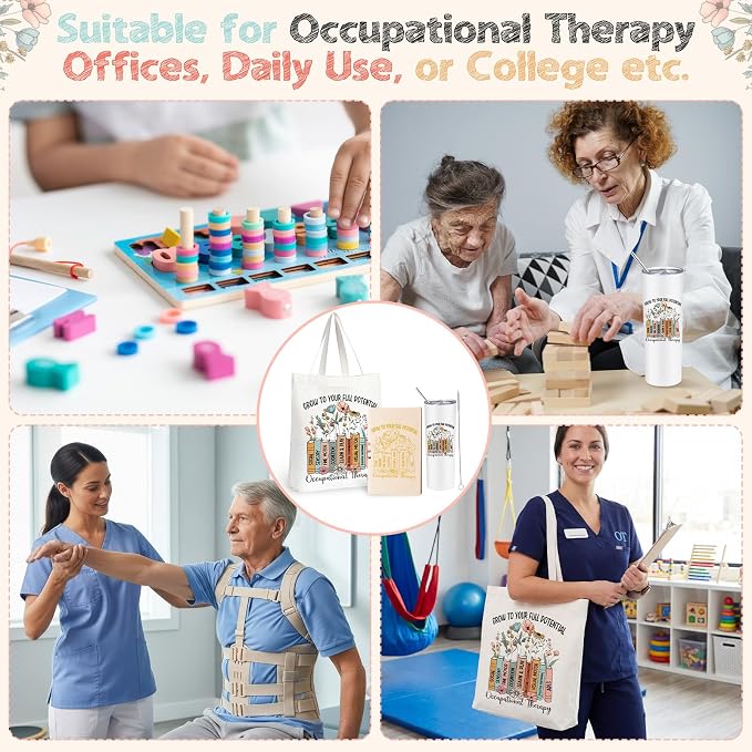 Fuutreo 3 Pcs Occupational Therapist Appreciation Gifts for Women, 20 oz Stainless Steel Tumbler Cup with Lid Canvas Tote Bag Leather Journal Thank You Gifts for OT Occupational Therapist Week