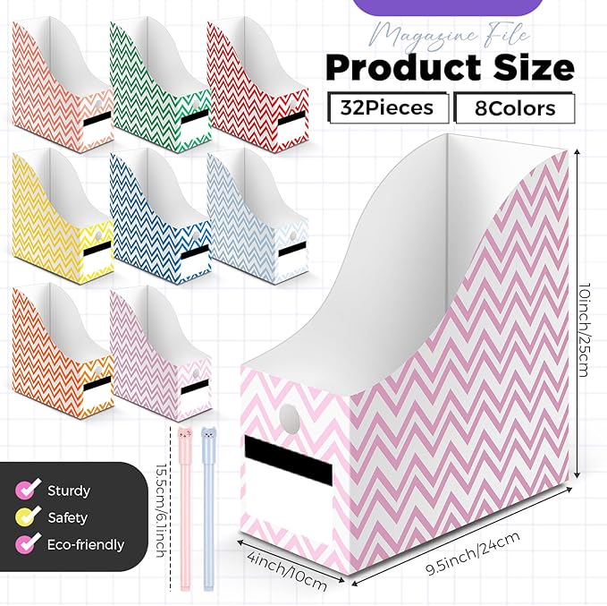 Jutom 32 Pcs Magazine File Holder Set Including Colored Foldable Desk File Holder Organizer White Label Stickers Cat Pen Cardboard Magazine Storage Box for Document School Office(Solid,Striped)