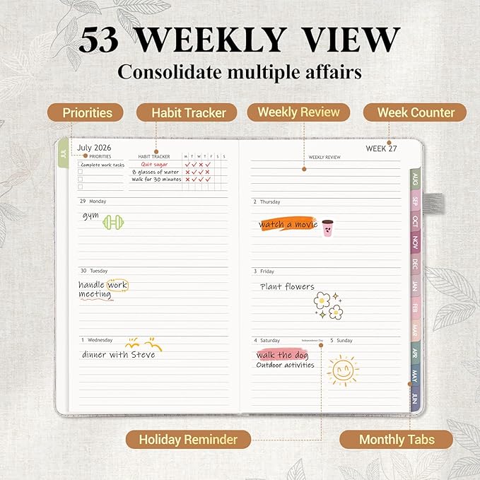 2026-2027 Planner Weekly and Monthly, Jul 2026 - Jun 2027, A5 Linen Cover Calendar Planner 2026-2027, Agenda Book with Colorful Monthly Tabs, Inner Pocket (5.8" x 8.3", Beige)
