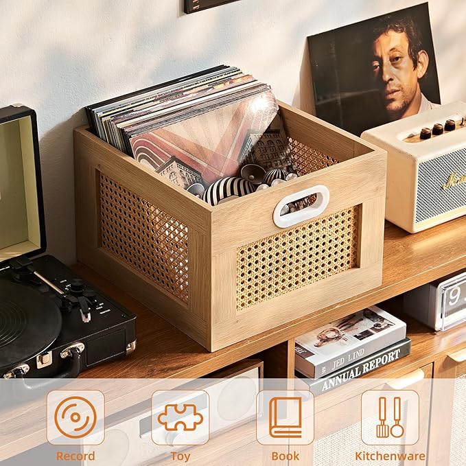 LELELINKY 2 Pack Vinyl Record Storage Crates, Rattan Vinyl Record Holder with Handle, Natural Wood Record Crate for Vinyls Holder up to 75 LP's, Desktop Cube Album Storage for Vinyls Records