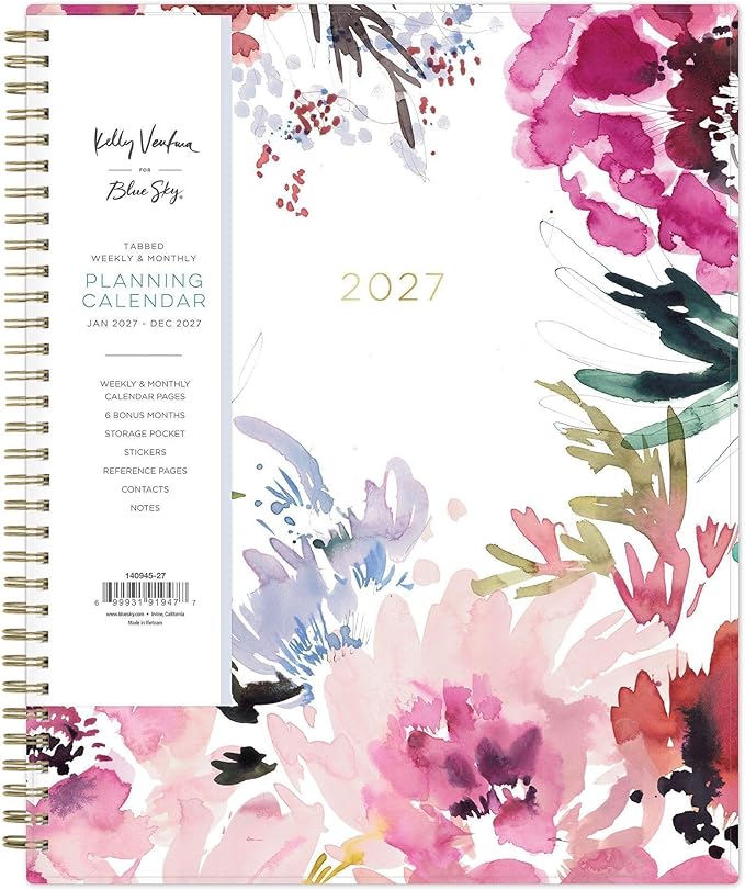Blue Sky Kelly Ventura 2027 Weekly and Monthly Planner Calendar, January 2027 - December 2027, 8.5" x 11", Flexible Cover, Laminated Tabs, Durable Twin Wire Binding, Storage Pocket, Includes Sticker Sheet, Magenta Blooms