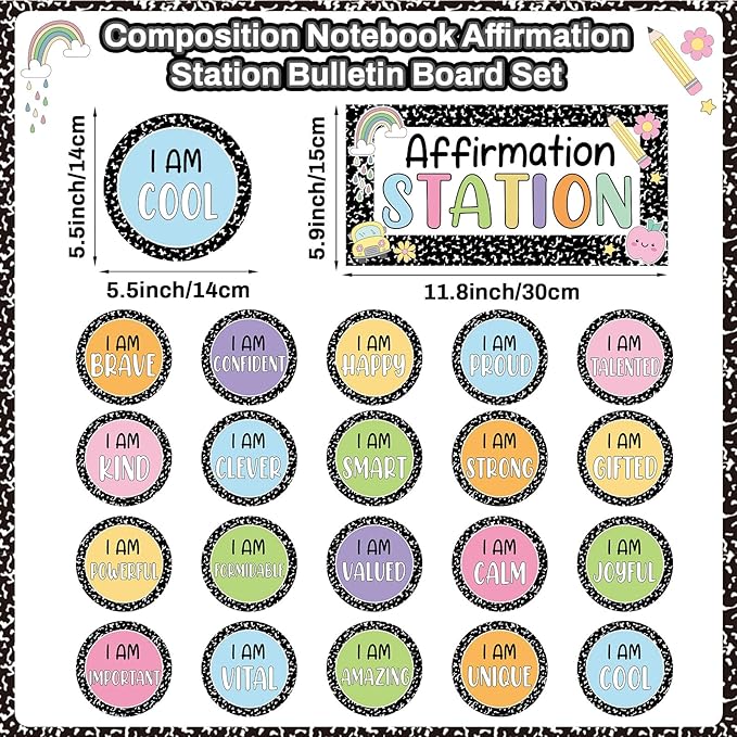 Composition Notebook Affirmation Station Bulletin Board Set Positive Bulletin Board for Classroom Mirror Growth Mindset Composition Inspirational Accent Color Cutouts for Home School Teacher Supply