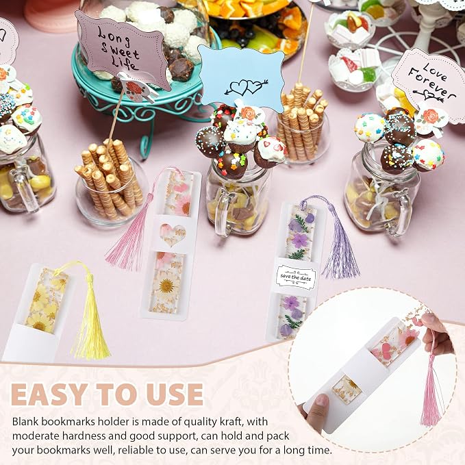 Fumete 50 Pieces Resin Bookmark Holder 5.9 x 1.8 Inches Kraft Bookmark Sleeves DIY Bookmarks Display Cards for Bookmark Wrapping Small Business Packaging Supplies Party Favor Gift (White, Cute)