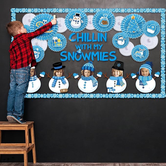 Pasimy Winter Bulletin Board Decorations January Bulletin Board Set Snowman Classroom Decor with 15 Paper Fans Holiday Cutouts Snowflake Borders for Winter Wonderland Home Office Wall Door Supplies