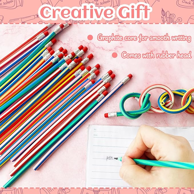 50 Pack Flexible Bendy Pencil,Colorful Stripe Soft Rubber Pencils with Erasers,Bendable Soft Pencil for Kids,Classroom Gifts,Goodie Bag Fillers