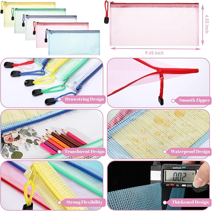 Sherr 120 Pcs Mesh Zipper Pouch A6 Pencil Pouches Bulk Small Clear Mesh Bags with Zipper 9.45'' x 4.53'' Waterproof File Bag Pencil Case for School Office Travel Organization(Multicolor)