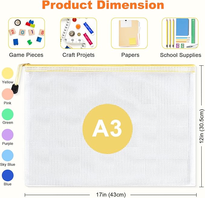 Mesh Zipper Pouch Bags: Clear Zipper Pouches for Classroom, Plastic Mesh Bag for Board Game Puzzles Storage, A3 Waterproof Organizing Pouch for School and Office Supplies (17 x 12Inch, 6PCS, 6 Color)