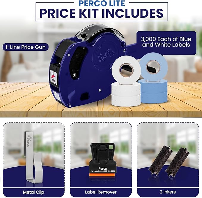 Perco Lite 1 Line Price Gun with Labels Kit - Includes 3 White Rolls, 1 Gun Clip, 3 Blue Rolls, 2 Ink Rollers - 1 Ink roll and Labels Pre-Loaded