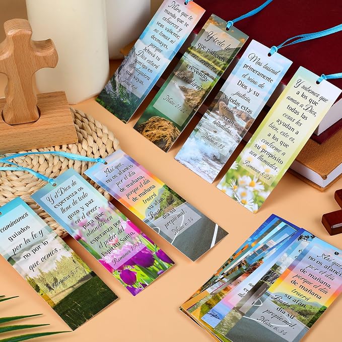 Yaomiao 128 Pcs Spanish Bible Verse Bookmarks Natural Scenery Landscape Christian Scripture Bookmark with Ribbon Inspirational Book Page Markers for Book Lovers Church Prayer Religious Gifts