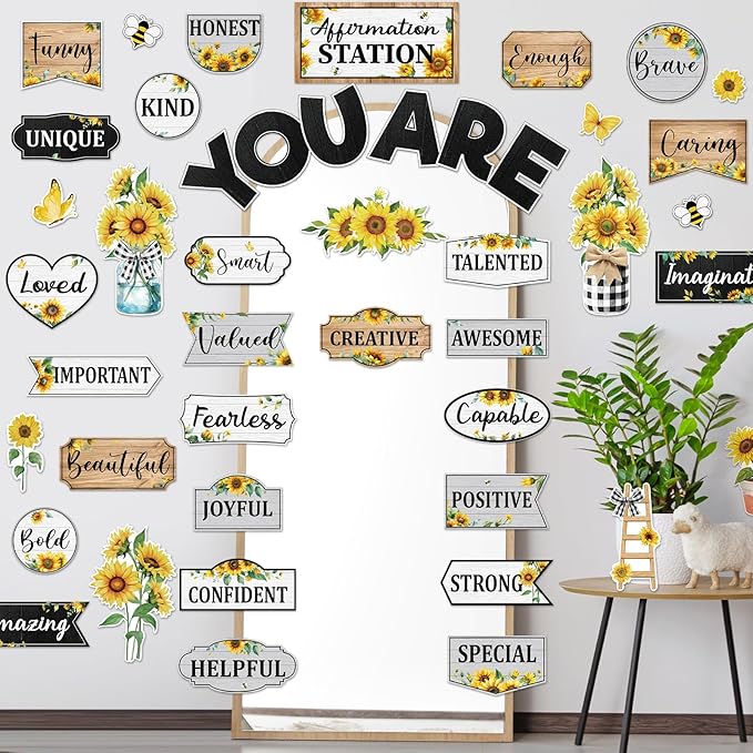 45pcs Sunflower Bulletin Board Set Motivational Posters Classroom Mirror Growth Mindset Decor Positive Affirmations Accents Cutouts for School Office Home Teacher Wall