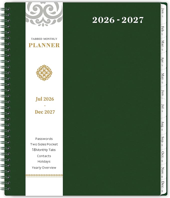 2026-2027 Monthly Planner - 2026-2027 Planner/Calendar, Jul 2026 - DEC 2027, 9" x 11", Thick Paper, Twin-Wire Binding, Monthly Planner with Tabs & Pocket & Label, Green