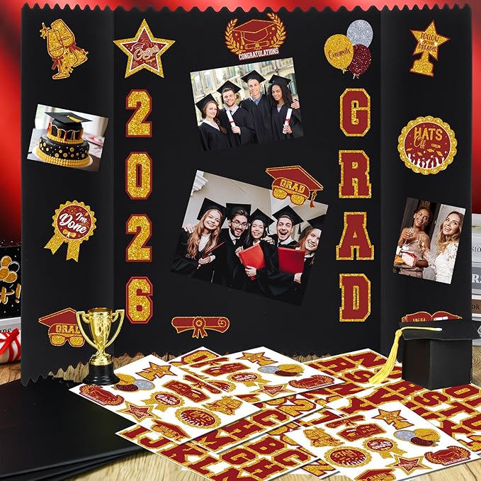 AmazingSpark 4 Sets Graduation Photo Display Board Trifold Poster Board with 12 Graduation Themed Stickers for 2026 Grad Party Decoration Picture Collage Frame Supplies (24 x 16,Red Gold)