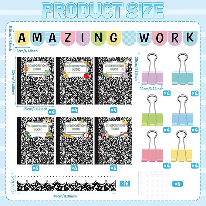 24 Pcs Student Work Display Bulletin Board Composition Notebook Classroom Decoration Inspirational Amazing Work Wall Decor Composition Book Paper Cutouts for Teacher Back to School Chalkboard Supplies