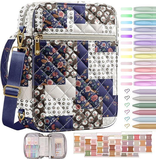 BellaHold Bible Cover Case for Women, Large Bible Bag with Detachable Strap & Bible Study Supplies, 12 Highlighters, 6 Colored Gel Pens & 75 Bible Tabs, Christian Gifts for Women (Navy Patchwork)