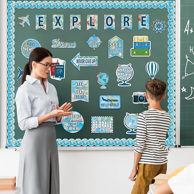 gisgfim Travel the Map Bulletin Board Classroom Decorations Set Motivational Sign Travel Paper Cutouts for World Map Adventure Explore Accent Teacher Supplies Back to School Wall Door Chalkboard Decor
