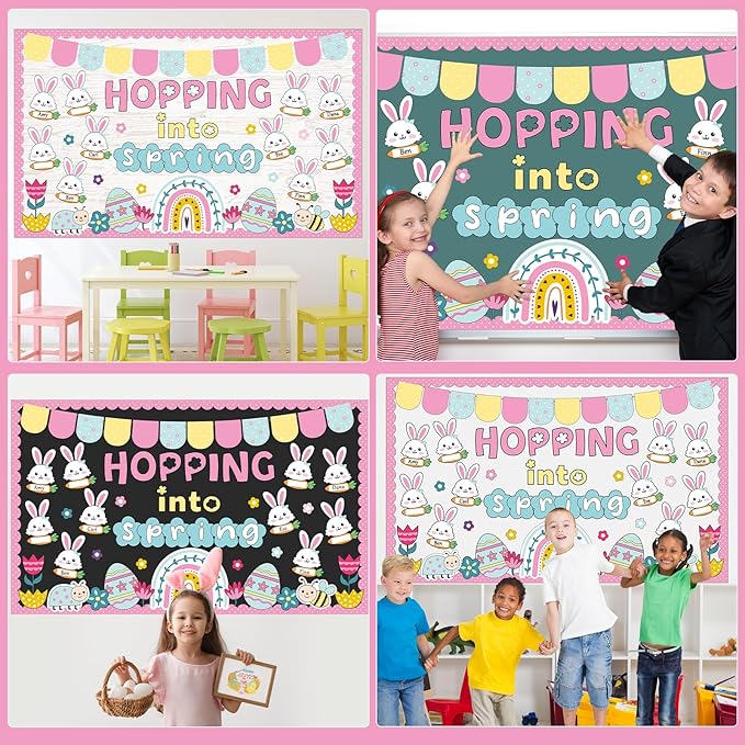 Spring Easter Bunny Bulletin Board Set Hopping Into Spring Classroom Decor Easter Egg Flowers Rainbow Writable Rabbit Cutouts April Bulletin Board for Back to School Party Home Office Chalkboard Decor