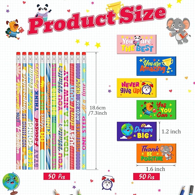 Cinrobiye 100 Pcs Inspirational Pencils with Erasers，Motivational Pencil Erasers Bulk Back to School Gifts Supplies Party Favor Goody Bag Fillers for Students Classroom Teacher Prizes Reward