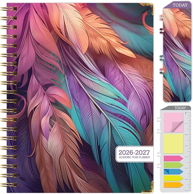HARDCOVER Academic Year 2026-2027 Planner: 14 Months (May 2026 Through June 2027) 8.5"x 11" Daily Weekly Monthly Planner Yearly Agenda. Bookmark, Pocket Folder and Sticky Note Set (Pastel Peacock)