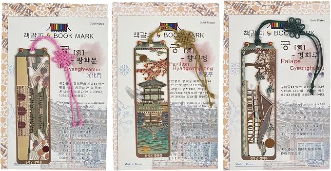 Korean Palace Gold Bookmarks - Gyeongbokgung 3-Piece Set with Traditional Tassels - Korean Souvenir New Year's Gifts