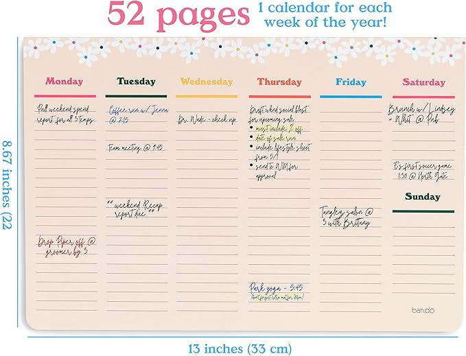 ban.do Weekly Planner Notepad, Desk Planner/Calendar Pad with 52 Sheets, Undated Weekly Desktop Calendar/Agenda (Pink/Green)