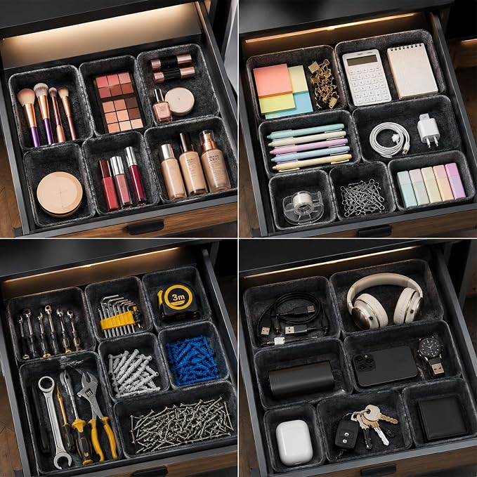 7 Pack Drawer Organizer Compatible with Ikea Alex Drawer Unit, Felt Desk and Makeup Drawer Organizers, Soft Storage Bins for Office, Vanity, Bedroom, and Dresser Shallow Drawers