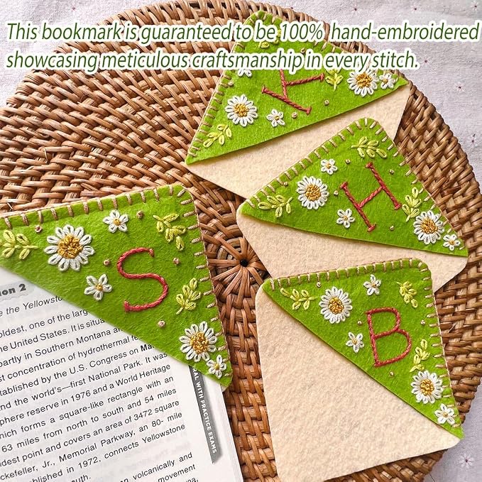 Personalized Hand Embroidered Corner Bookmark, Bookmarks for Women, Personalized Bookmark for Book Lovers, Cute Flower Book Mark by HNQCPCVU (S, Green)