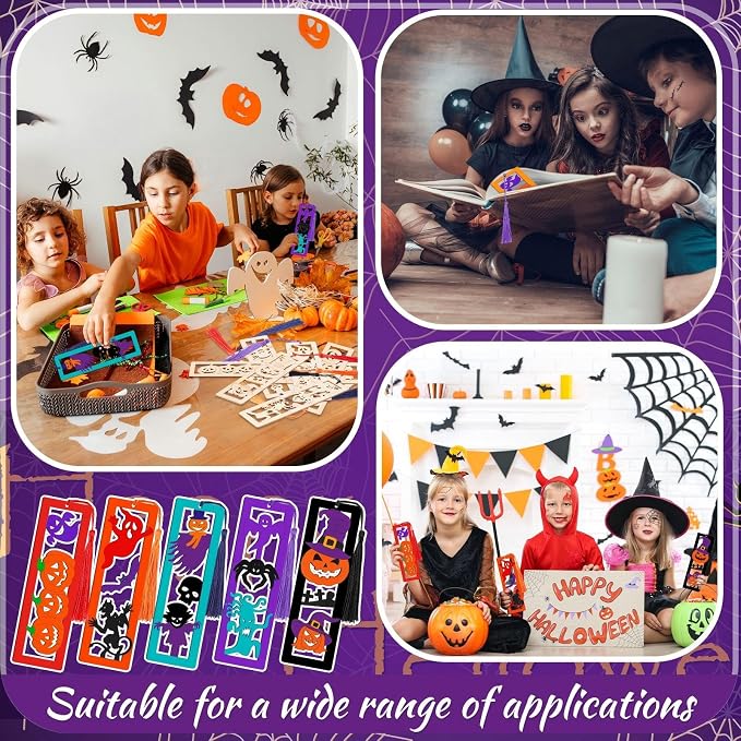 Yexiya 100 Pcs/50 Set Halloween Bookmark, DIY Wooden Bookmarks Bulk for Book Lovers, Halloween Bookmarks Decoration, Ghost Skull Witch Book Markers Art Set for Birthday Holiday Gift Art Project