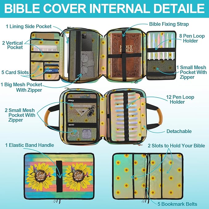 Bible Case for Women,Large Bible Cover,Bible Carrier,Bible Bag for Women Organizer,Sunflower Hummingbird Bible Holder,God Says You Are,Bible Study Supplie Kit With Highlighters,Tabs,Pen,Christian Gift