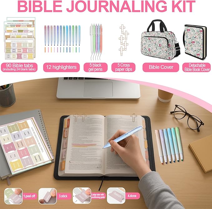 Pink Floral Bible Cover Case for Women, Cute Flower Large Bible Bag Book Carrying Bag with Strap Handle Zipper Pockets, Pens and Highlighters Cross Clips for Bible Study & Church