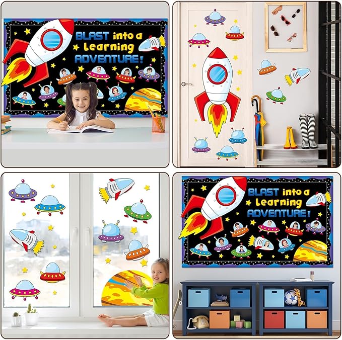 Outer Space Bulletin Board Set Blast into A Learning Adventure Classroom Bulletin Board Decorations Spacecraft DIY Photo Space Themed Cutouts for Back to School Kids Classroom Chalkboard Wall Decor