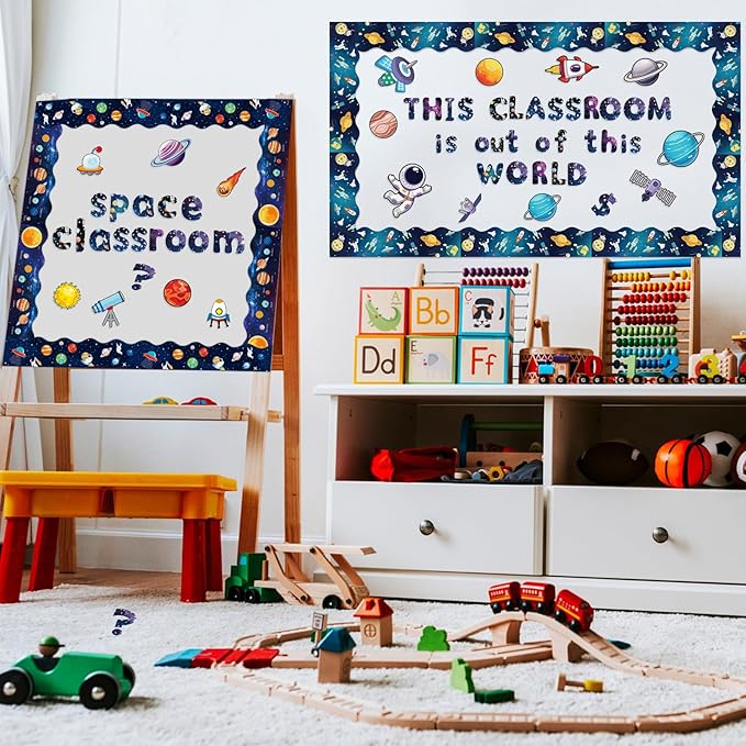 Kosiz Space Bulletin Board Decoration Set 118 ft Scalloped Bulletin Board Borders Classroom Poster Border Trim with 257 Pcs Letter Number Symbol Cutout for School Decor