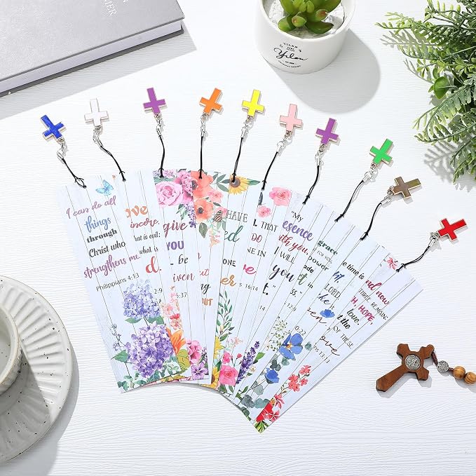 Gersoniel 30 Pcs Christian Bookmarks for Women Bible Verse Inspirational Scripture Bookmark Bulk Religious Page Marker with Cross Pendant for First Communion Mother Day Church Gift(Flower Style)