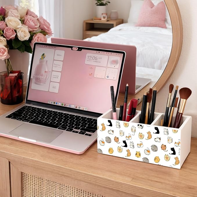 Cartoon Cat Pattern Wooden Desk Organizer | Cute Cat Pen Pencil Holder, 3-Compartment Decorative Office Supply Storage Box for Desk, Home Office, Cat Lover Decor