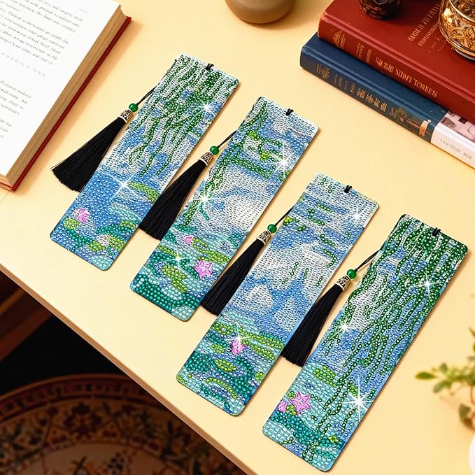 4 PCS Diamond Art Bookmarks Monet Water Lily, DIY Acrylic Diamond Painting Bookmarks Kits for Adult Reader and Crafts Lovers